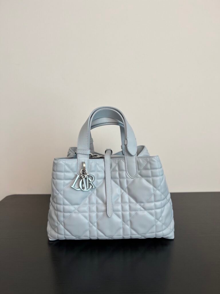 Dusty Blue Cannage Quilted Leather Bucket Bag with DIOR Charms (Dior Style)