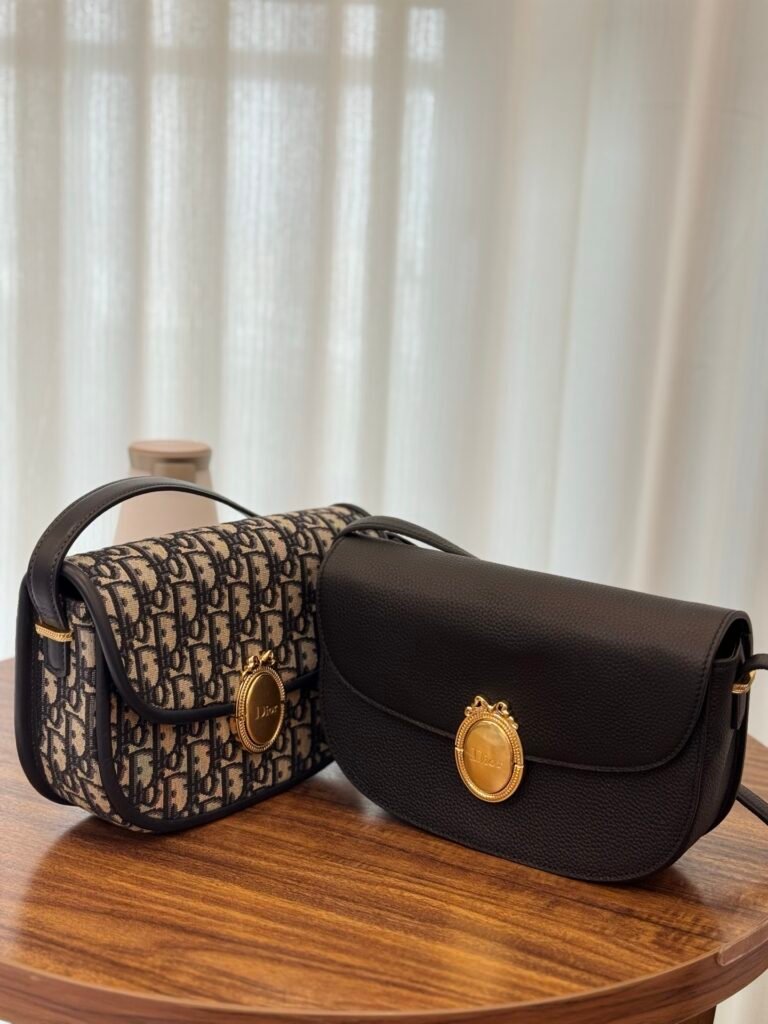 Vintage Oval Gold Medallion Logo Flap Bag in Oblique & Black Leather (Dior Style)