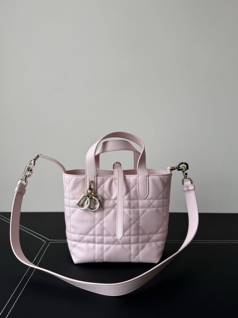 Cannage Quilted Leather Small Bucket Bag with Silver DIOR Charm (Dior Style)