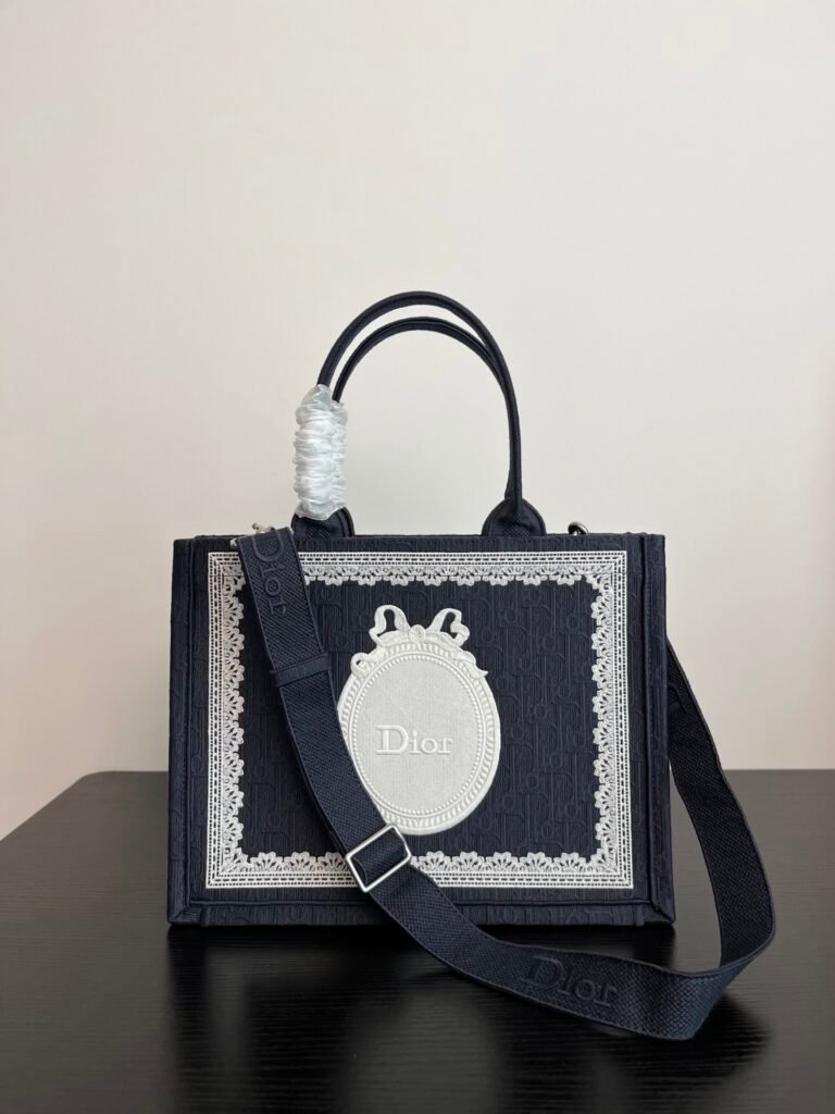 Embroidered Canvas Square Tote Bag with White Lace & Oval Medallion Detail (Dior Style)