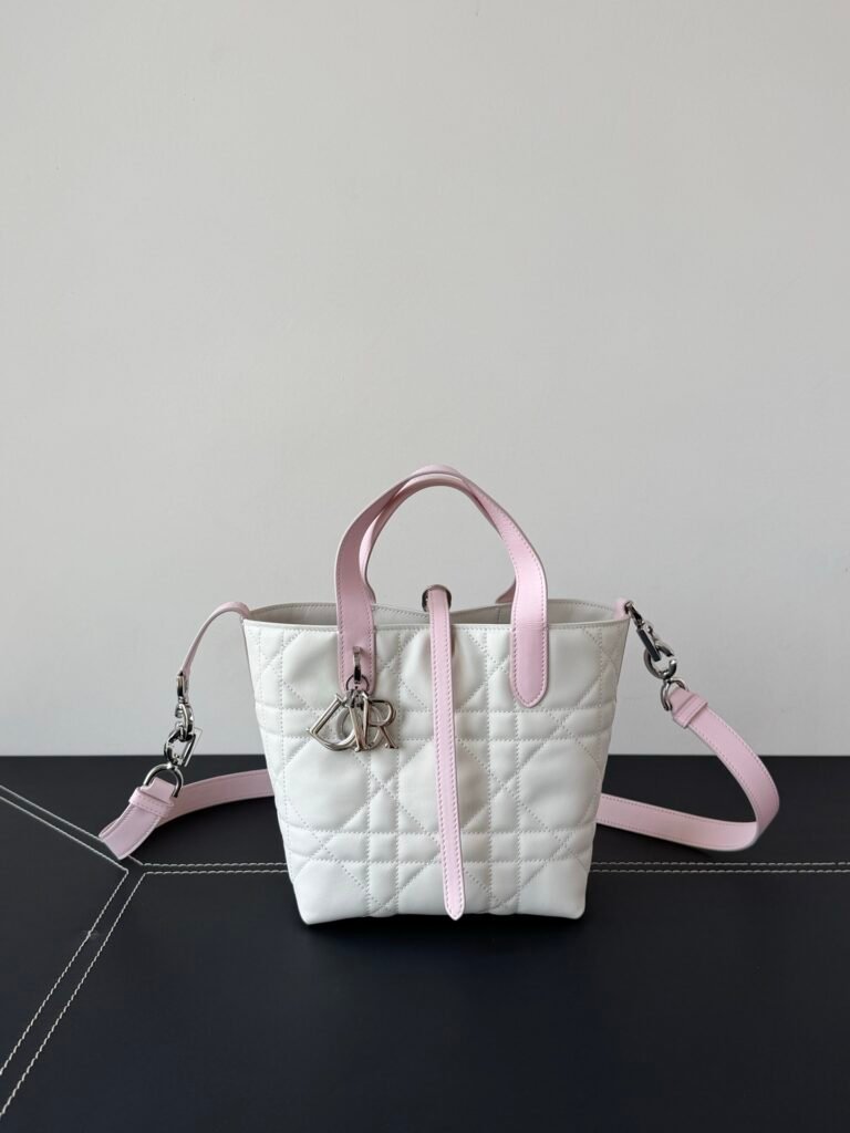 Two-Tone White & Pink Cannage Quilted Leather Small Bucket Bag