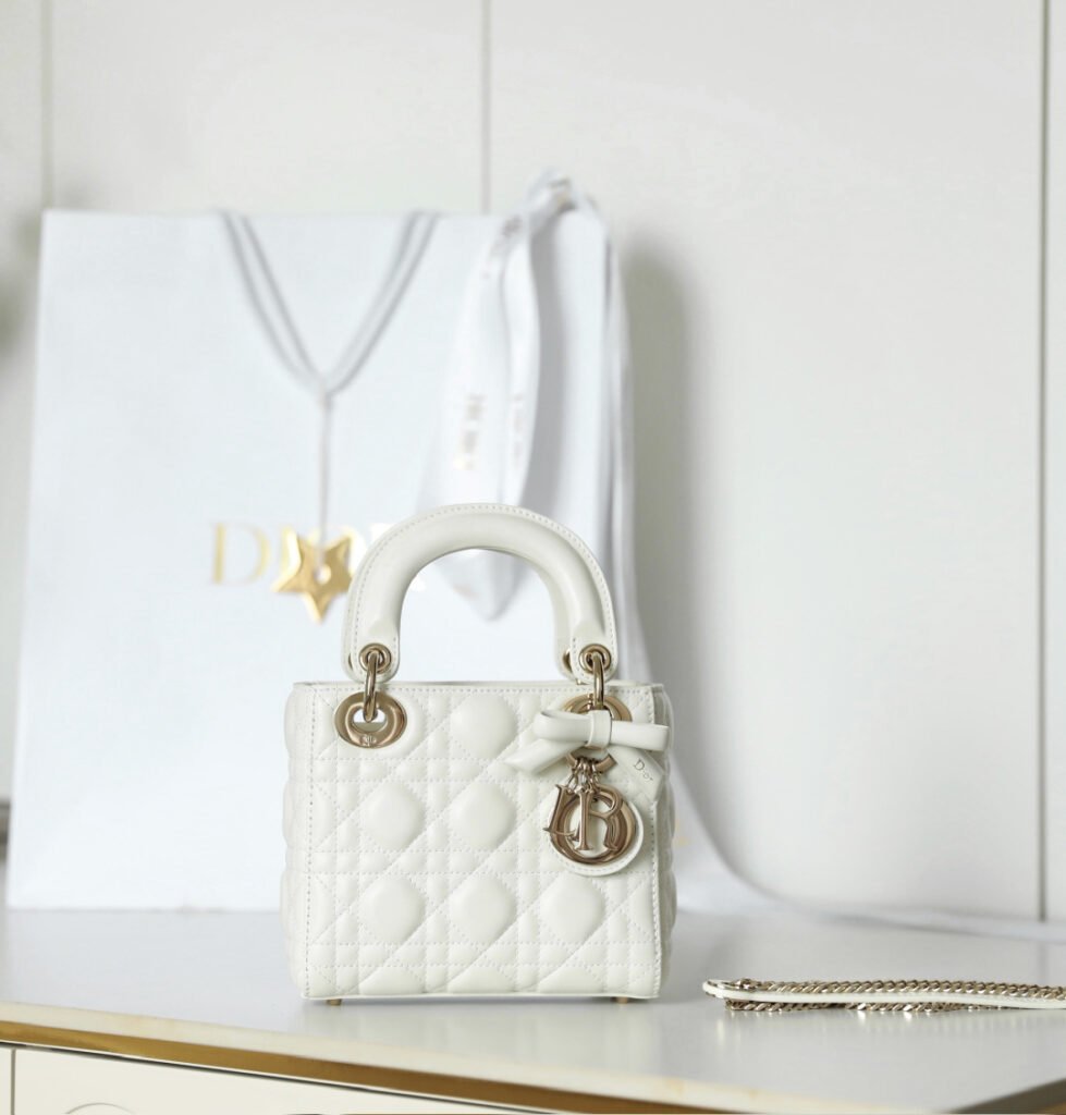 Mini White Cannage Leather Top Handle Bag with Leather Bow & Gold Charm