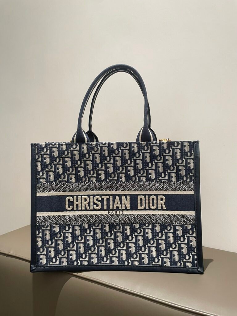 Navy Blue Oblique Patterned Canvas Large Book Tote Bag