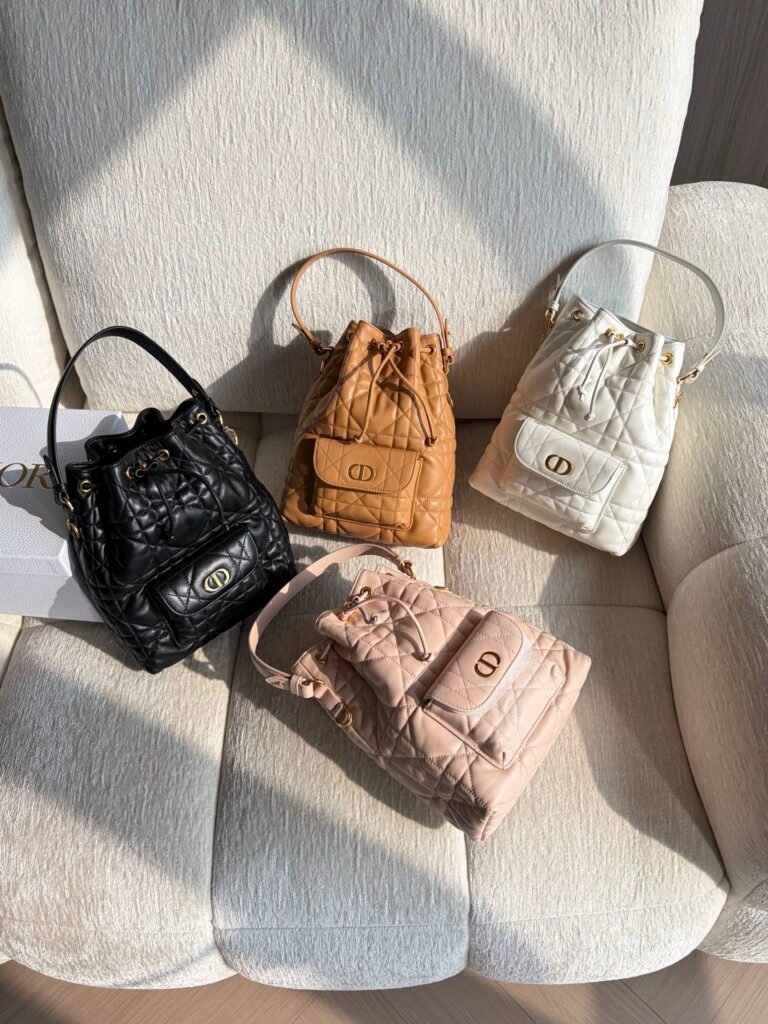 Cannage Quilted Leather Drawstring Bucket Bag with Front CD Flap Pocket