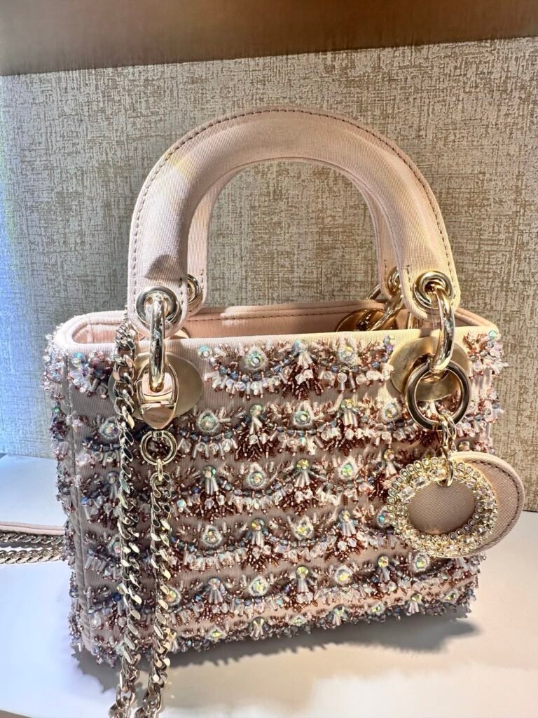 Pink Satin Mini Evening Handbag with Heavy Crystal & Bead Wave Embroidery