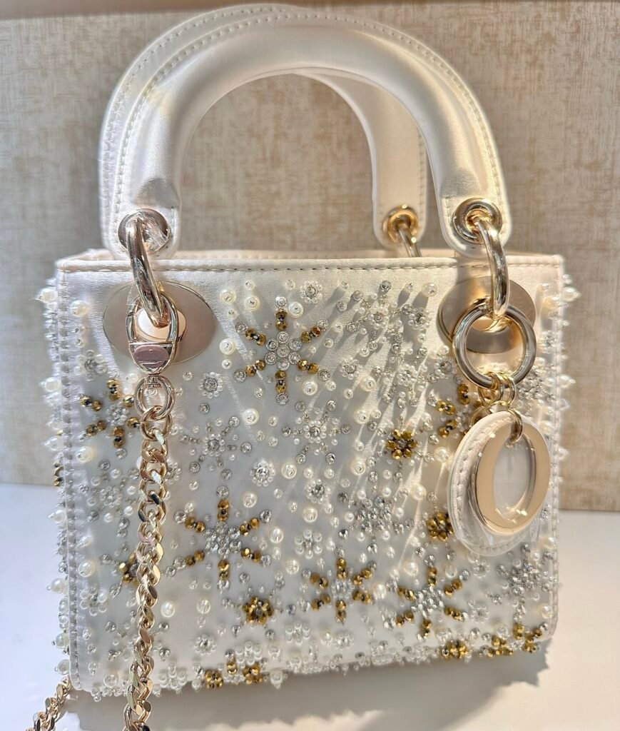 White Satin Mini Top Handle Evening Bag with Snowflake Pearl & Crystal Beading