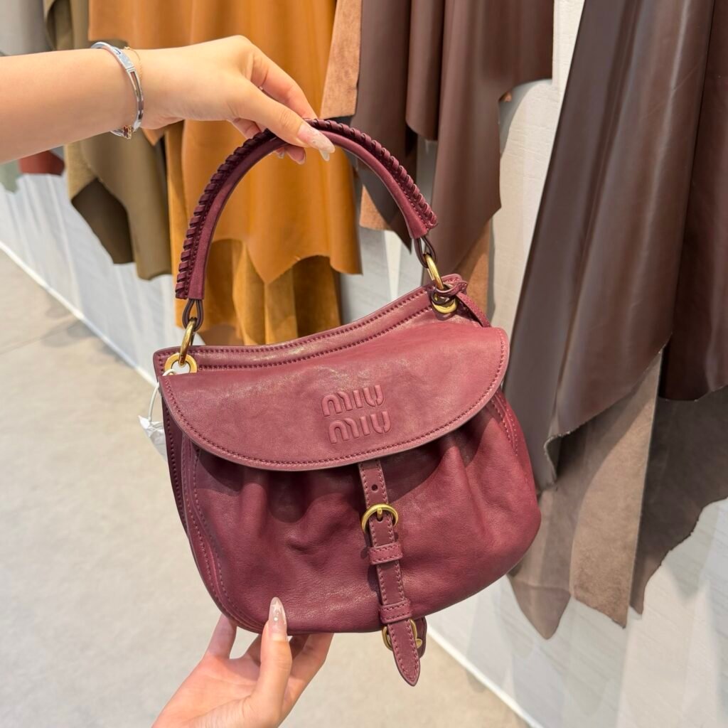 Vintage Distressed Burgundy Leather Saddle Shoulder Bag with Braided Handle (Miu Miu Style)
