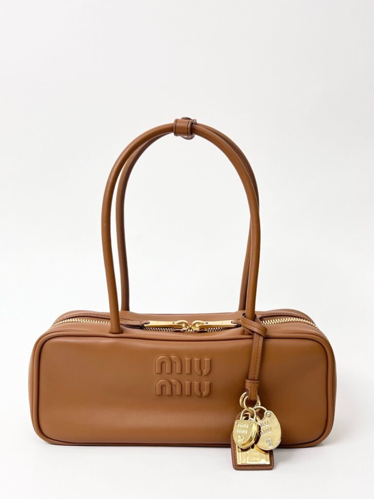 Camel Brown Leather East-West Shoulder Bag with Gold Charms & Lock (Miu Miu Style)