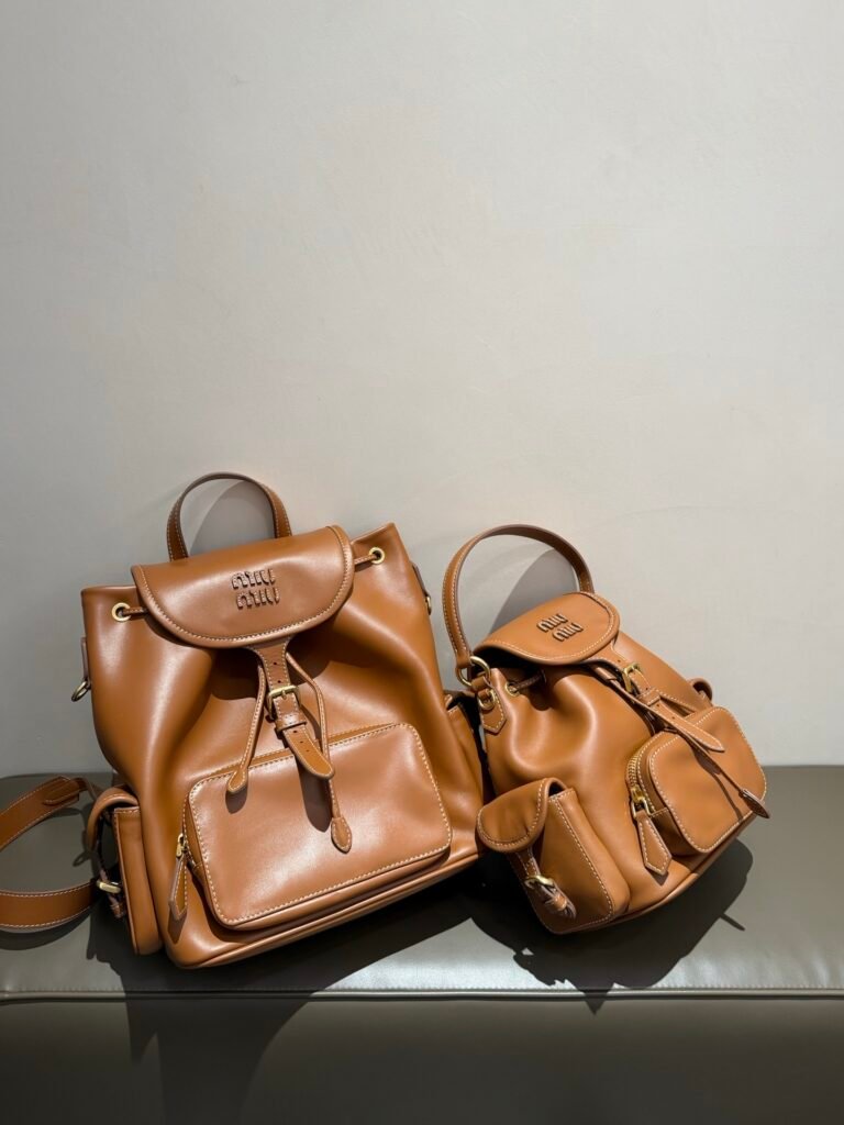 Smooth Cognac Leather Drawstring Backpack with Front Pocket (Miu Miu Style)