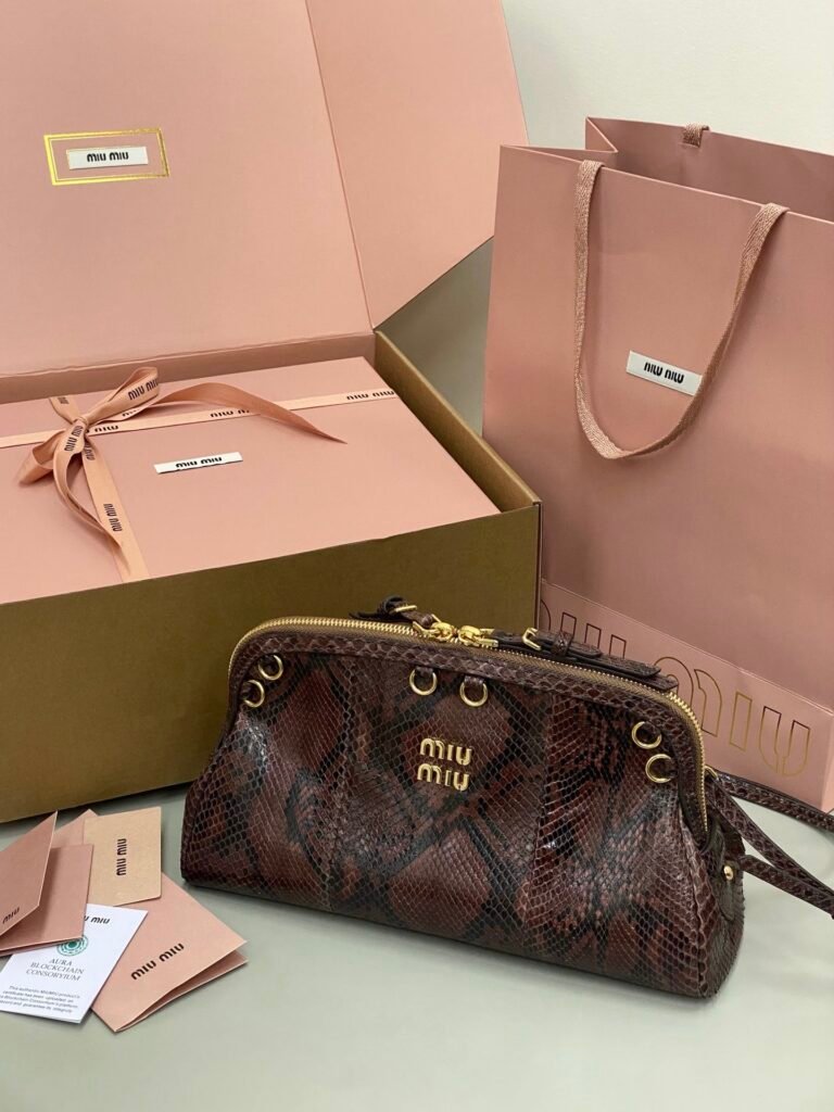 Dark Brown Snake Print Leather Clutch Shoulder Bag with Eyelet Details (Miu Miu Style)