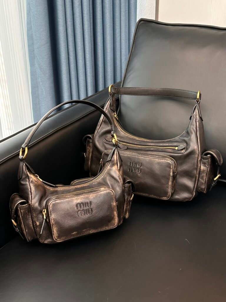 Vintage Distressed Leather Cargo Pocket Hobo Bag with Shoulder Strap (Miu Miu Style)