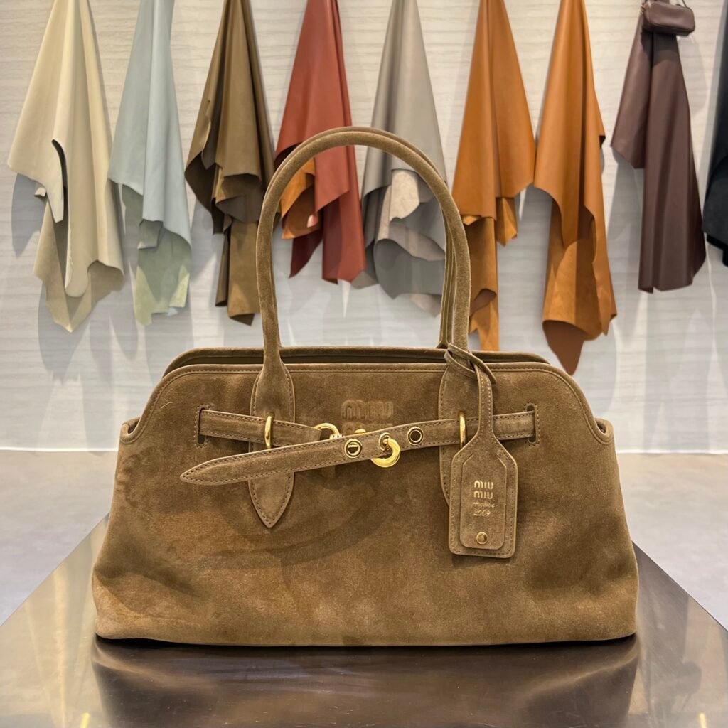 Khaki Tan Suede Leather Belted Shoulder Tote Bag with Gold Buckle (Miu Miu Style)