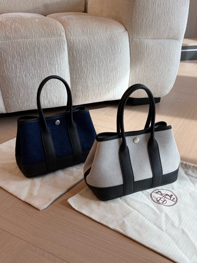 Classic Canvas & Textured Leather Trim Tote Bag with Snap Button Closure