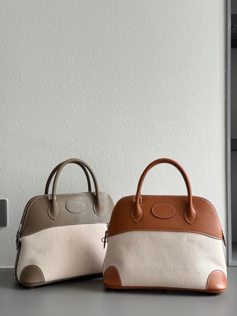 Classic Canvas & Smooth Leather Trim Dome Satchel Bag with Oval Logo Patch