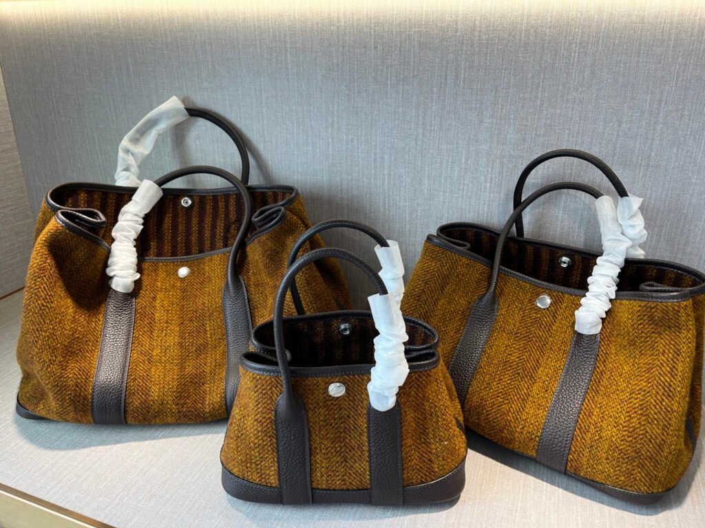 Yellow Ochre Herringbone Tweed Woven Tote Bag with Dark Brown Leather Trim