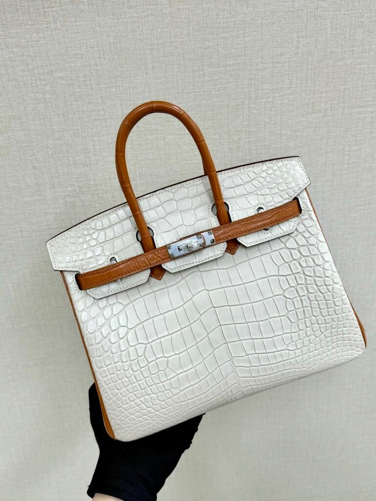 Classic White Crocodile Pattern Top Handle Satchel Bag with Caramel Brown Handles & Straps