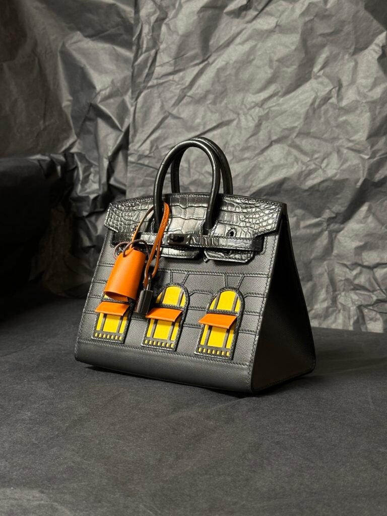 Limited Edition Black Architectural House Pattern Top Handle Satchel Bag