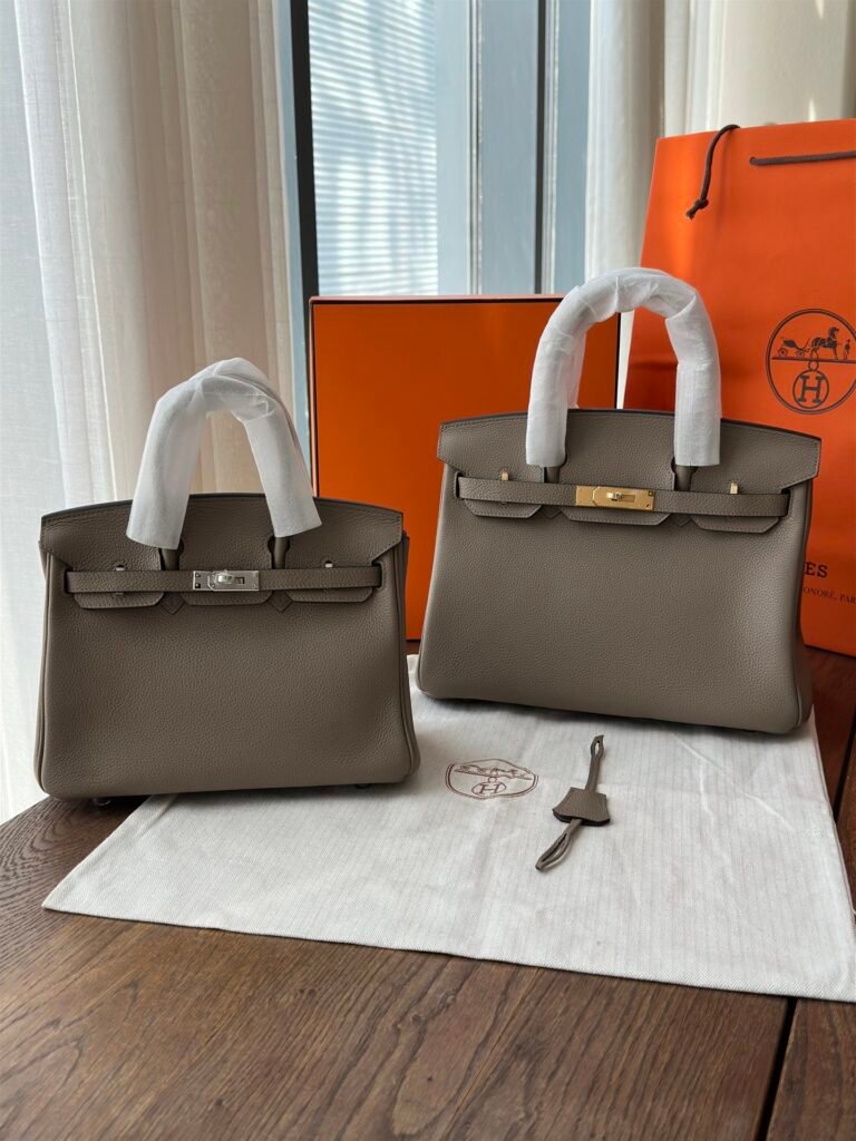 Classic Etoupe Grey Grainy Calfskin Top Handle Satchel Bag with Hardware