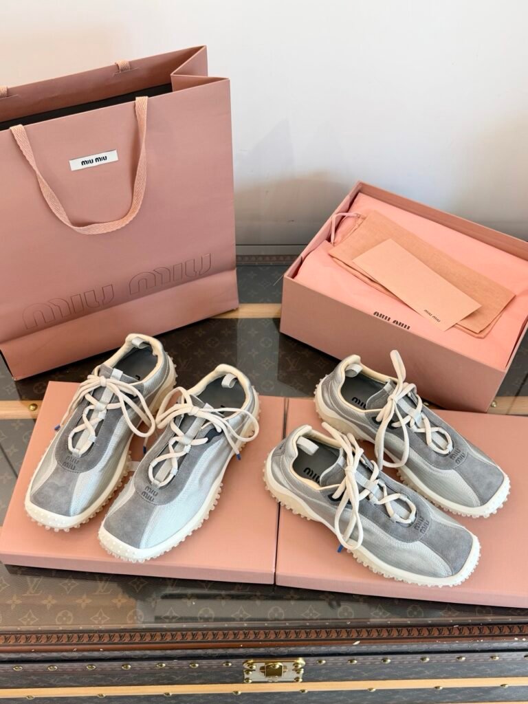 Miu Miu Suede and Mesh Lace-Up Chunky Sole Trail Sneakers