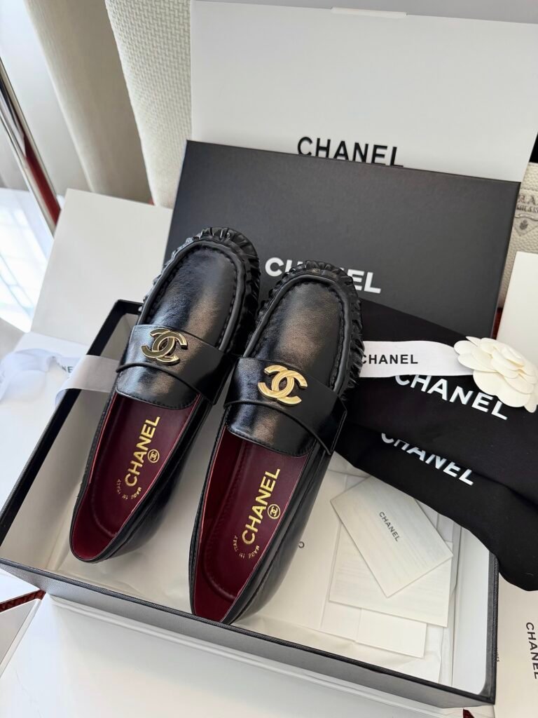 Chanel Black Leather Gold CC Logo Moccasin Loafers