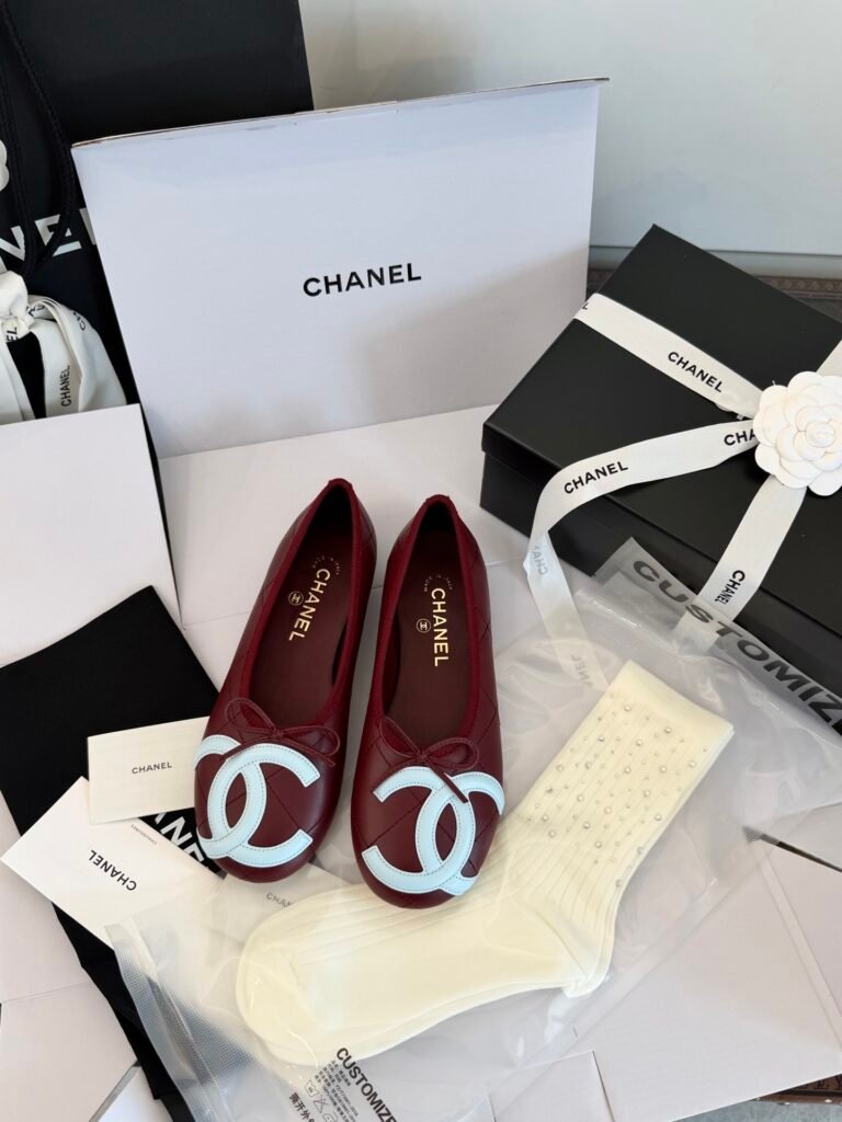 Chanel Burgundy Quilted Leather & Sky Blue CC Logo Ballet Flats