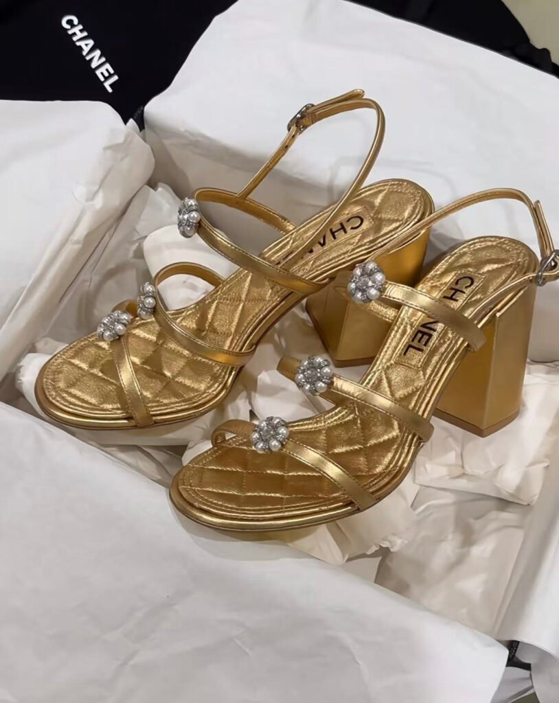 Chanel Metallic Gold Pearl & Camellia Block Heel Sandals