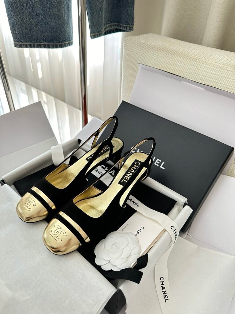 Chanel Black Suede & Metallic Gold Cap-Toe Slingback Pumps