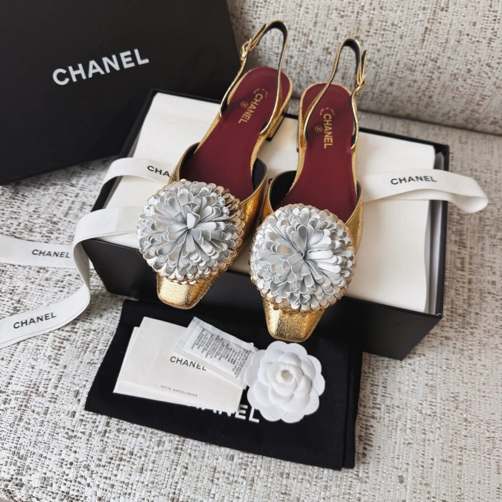 Chanel Metallic Gold Leather Silver Flower Appliqué Slingbacks