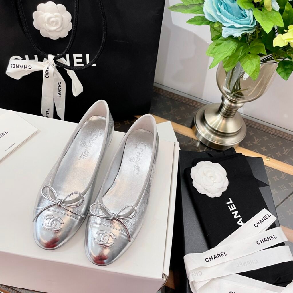 Chanel Metallic Silver Leather Classic CC Ballet Flats