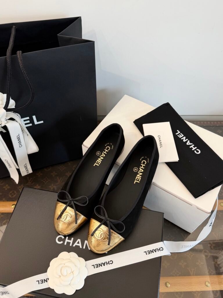 Chanel Black Suede & Metallic Gold Toe Cap Ballet Flats