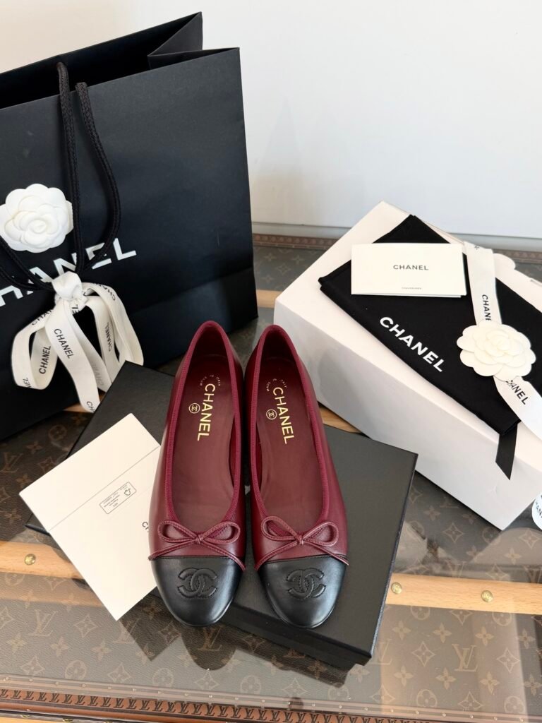 Chanel Burgundy & Black Cap-Toe Classic Ballet Flats