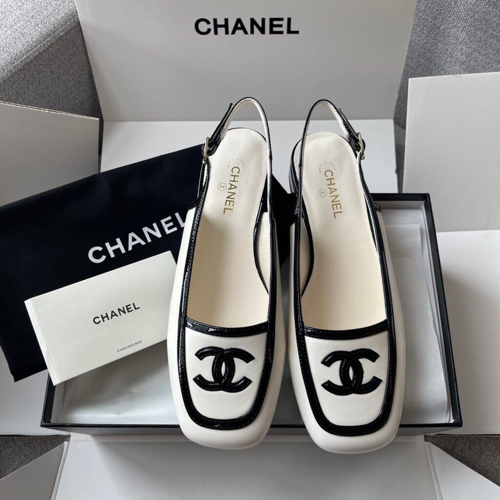 Chanel Cream & Black Trim Square-Toe Slingback Pumps