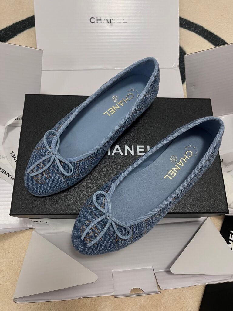 Chanel Light Blue Quilted Denim Classic Ballet Flats
