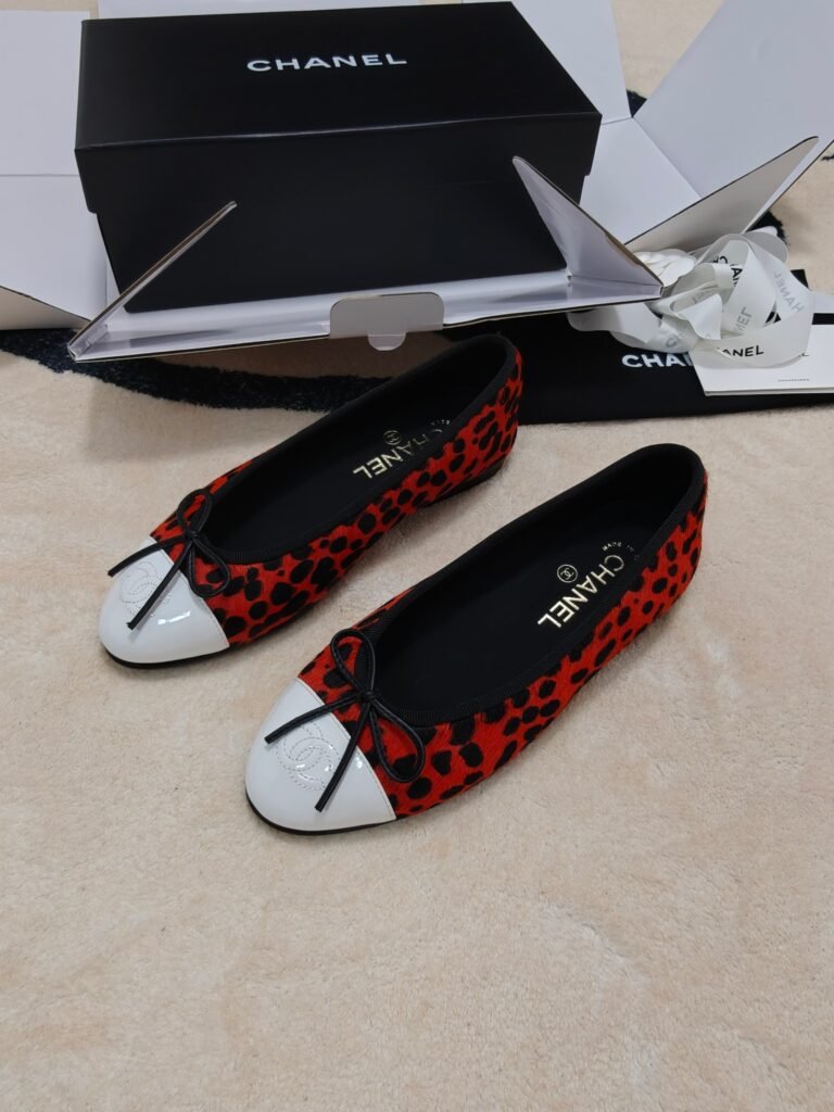 Chanel Red Leopard Print & White Cap-Toe Ballet Flats