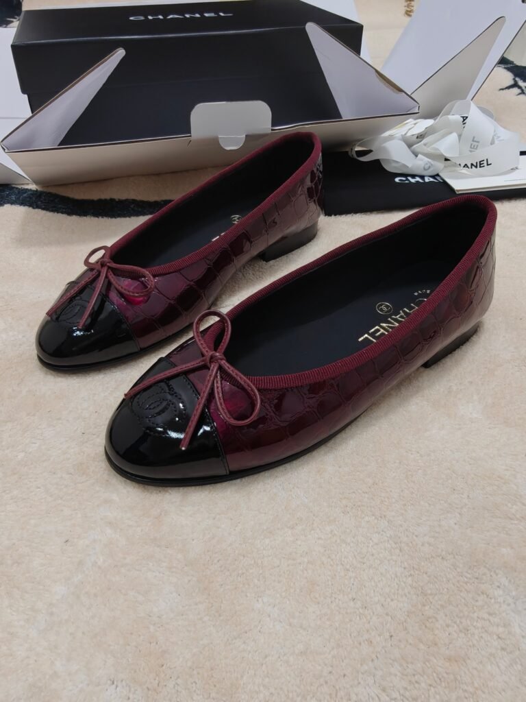 Chanel Burgundy Croc-Embossed & Black Patent Ballet Flats