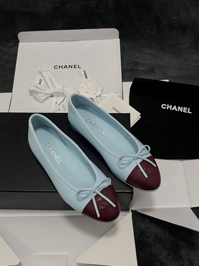 Chanel Light Blue & Burgundy Patent Cap-Toe Ballet Flats
