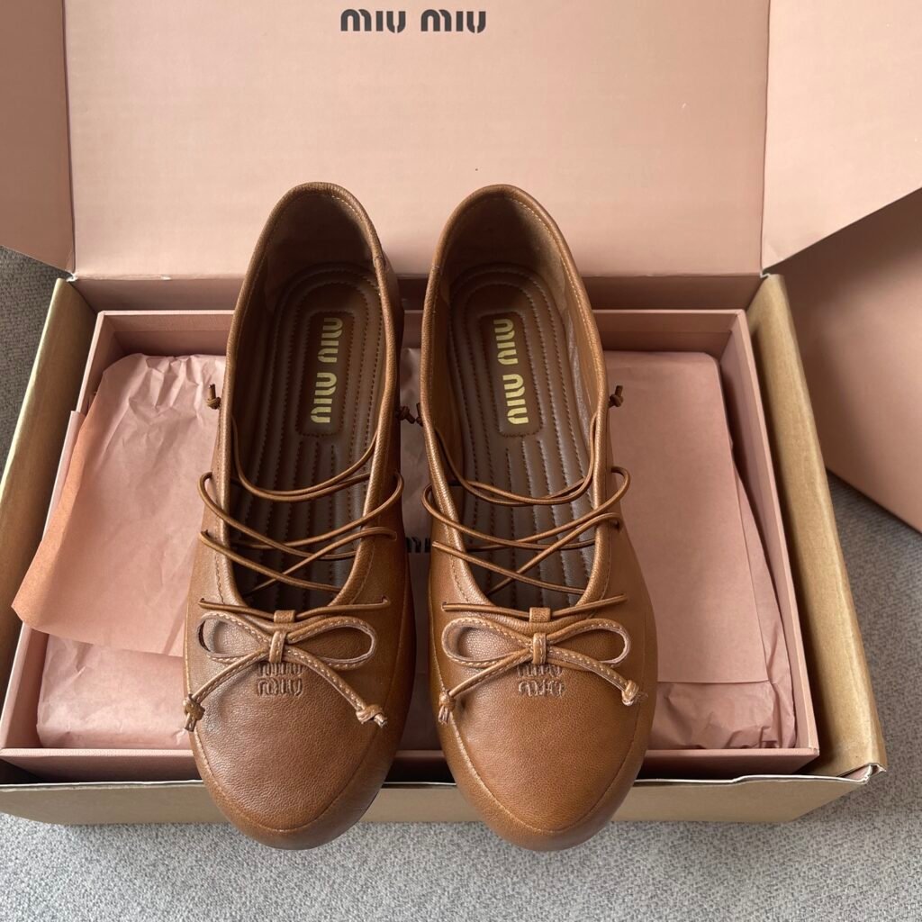 Miu Miu Vintage Brown Leather Multi-Strap Lace-Up Ballet Flats