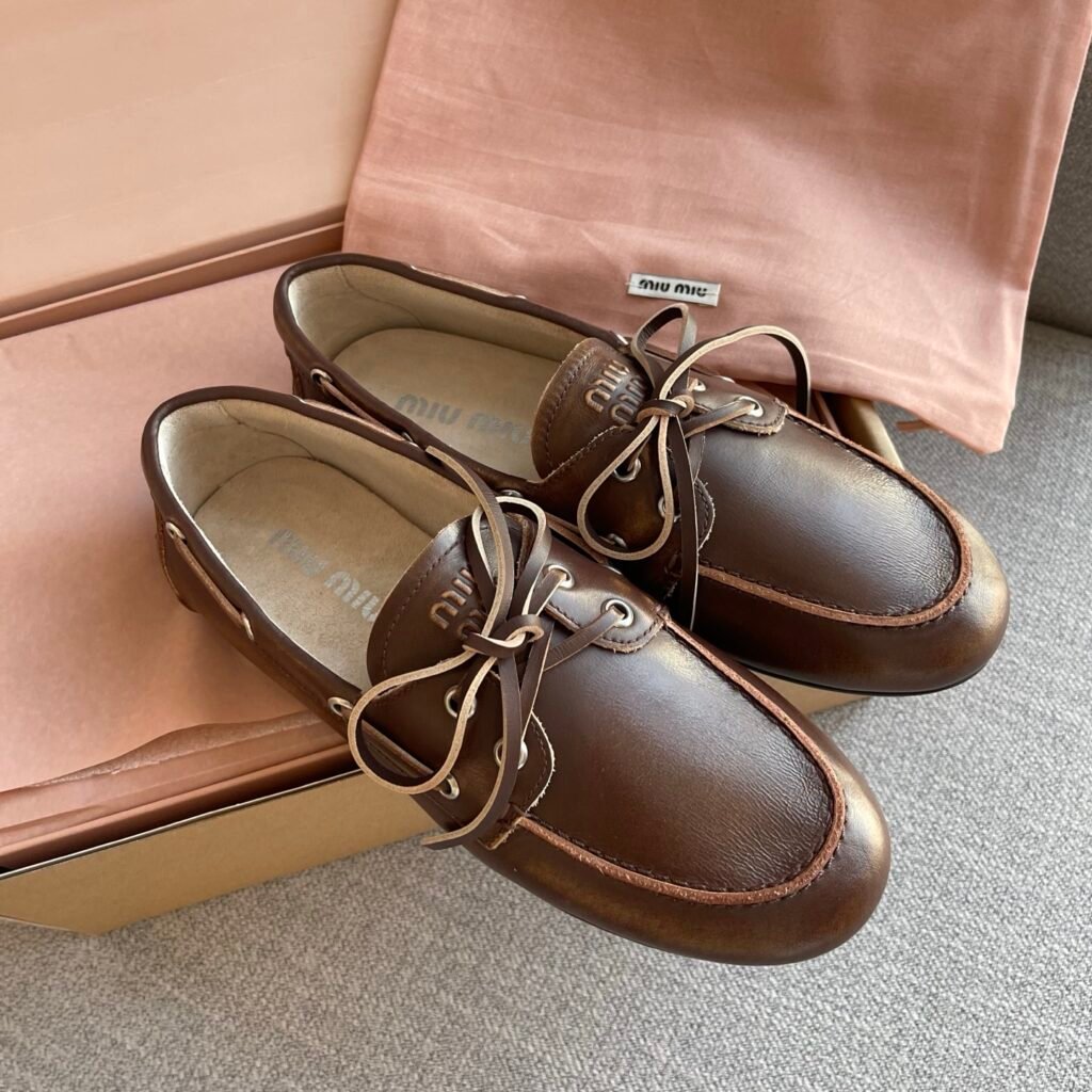 Miu Miu Vintage Distressed Brown Leather Boat Shoes Loafers