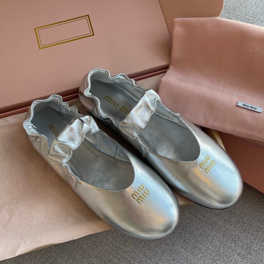 Miu Miu Metallic Silver Leather Scrunchie Strap Mary Jane Flats