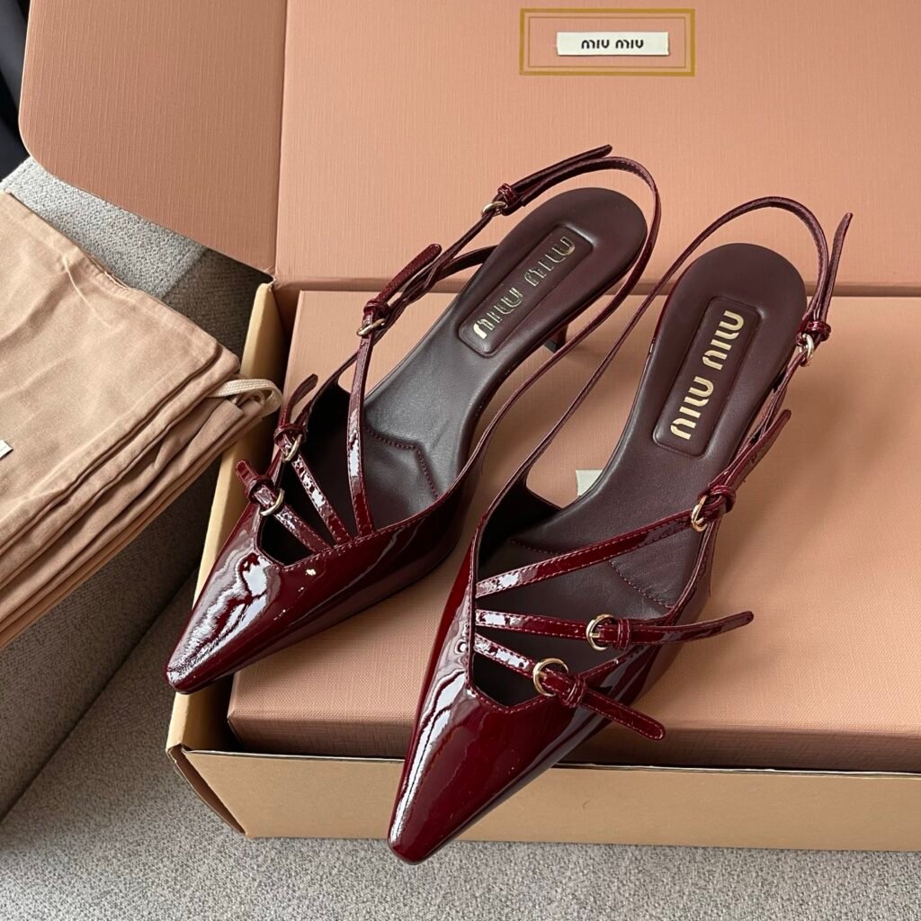 Miu Miu Dark Red Patent Leather Multi-Buckle Slingback Pumps