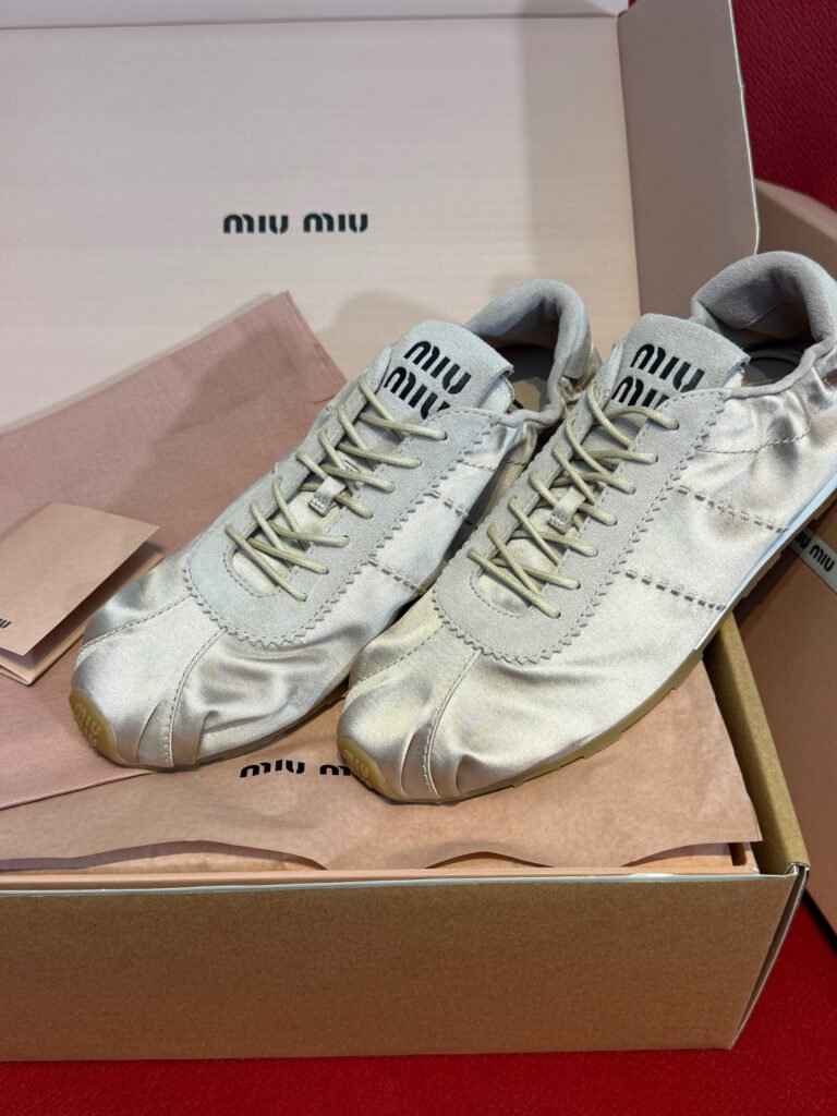 Miu Miu Champagne Satin Fabric Elasticized Low-Top Casual Sneakers