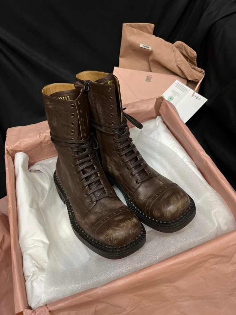 Miu Miu Vintage Distressed Brown Leather Lace-Up Combat Boots