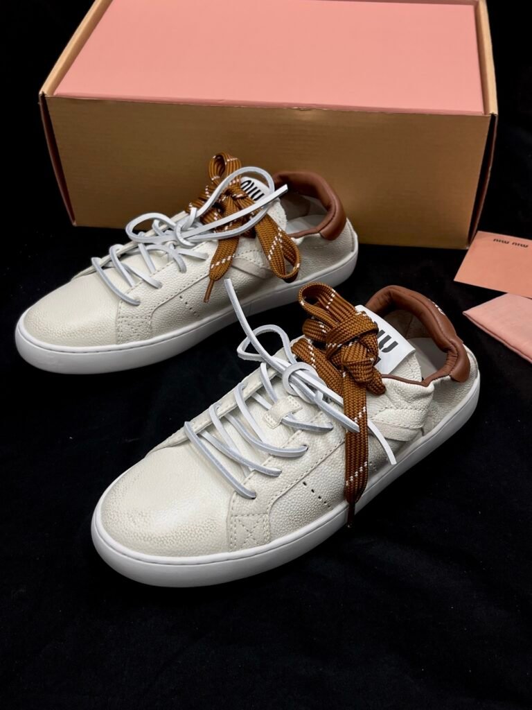 Miu Miu Ivory Pebbled Leather Double-Lace Low-Top Sneakers