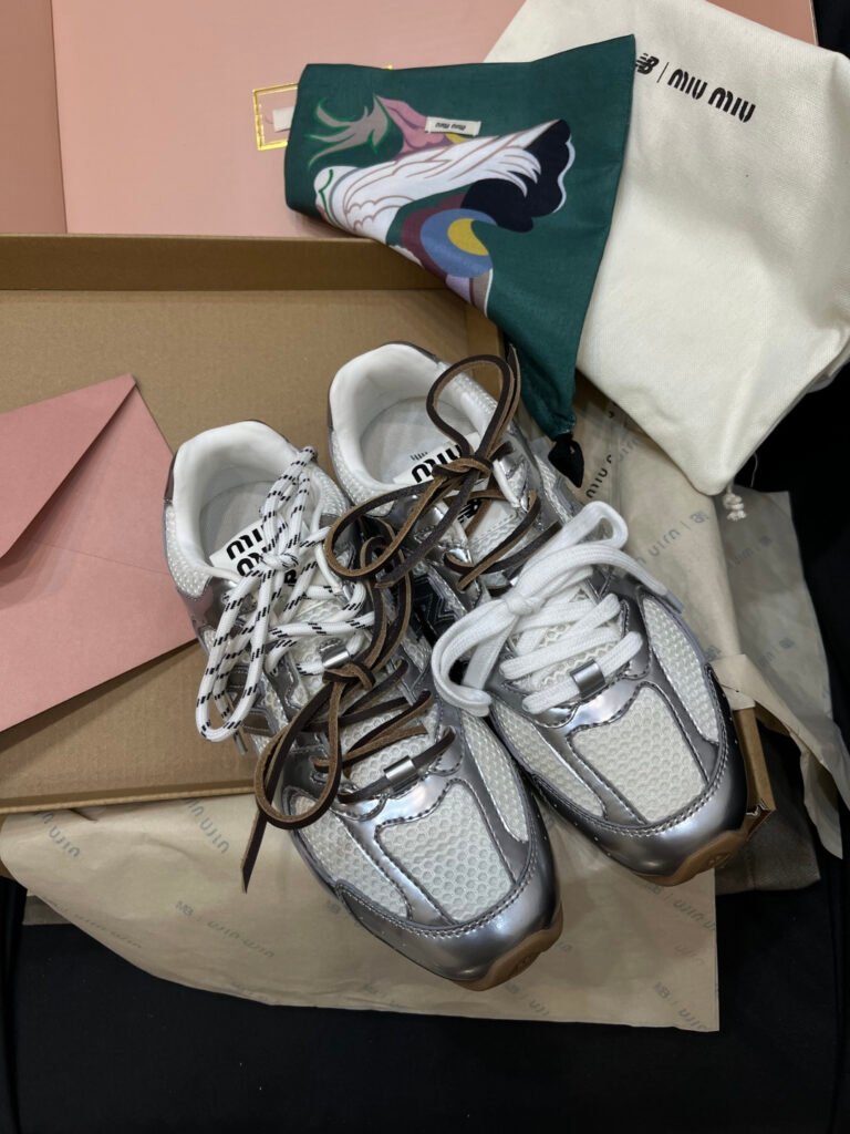 Miu Miu x New Balance Metallic Silver Mesh Multi-Lace Sneakers