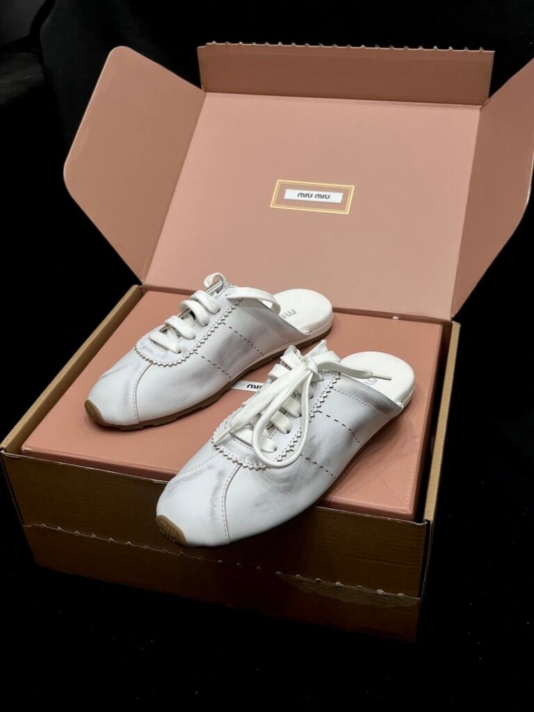Miu Miu White Distressed Leather Open-Back Sneaker Mules
