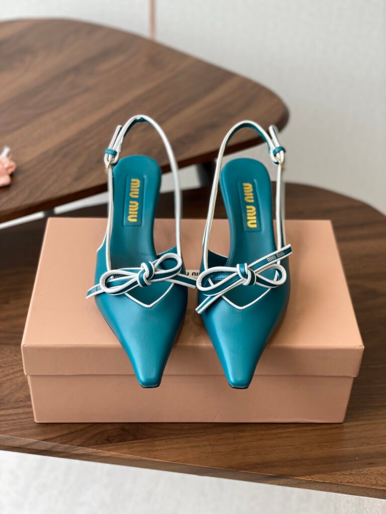 Miu Miu Teal Blue Contrast Piping Bow Slingback Pumps