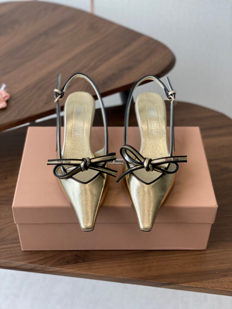 Miu Miu Metallic Gold Contrast Piping Leather Bow Slingback Pumps