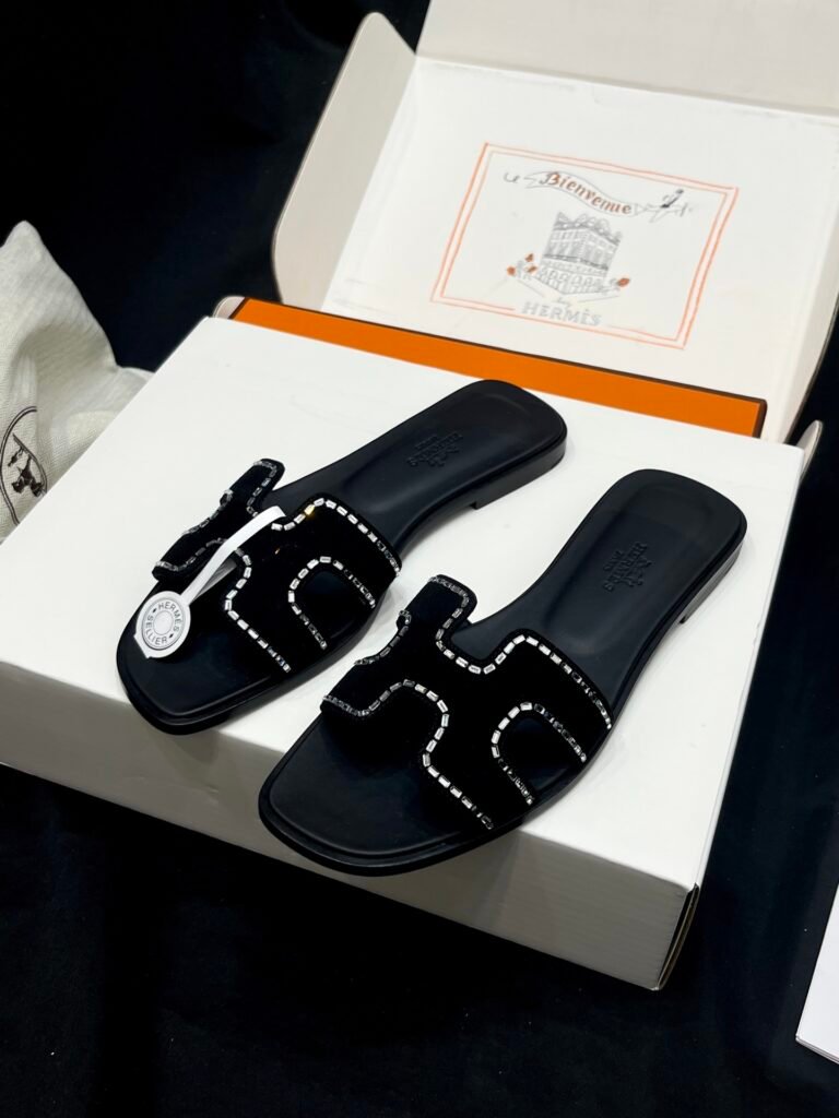 Luxury Rhinestone Studded H Cutout Leather Flat Slide Sandals