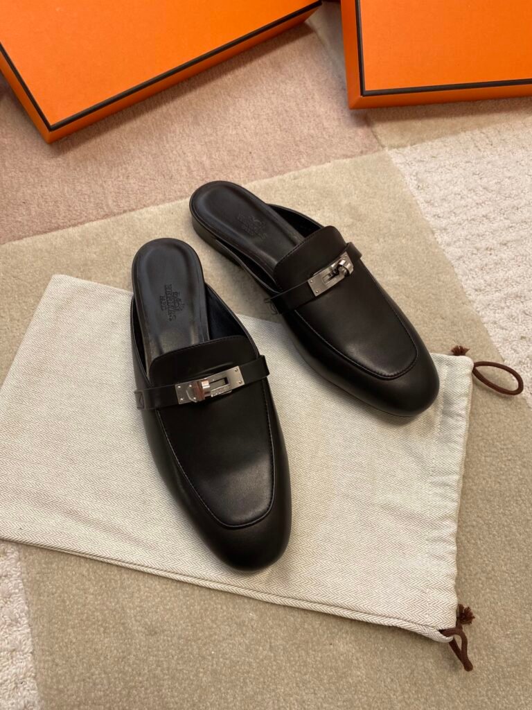 Luxury Leather Backless Mules with Palladium Kelly Buckle