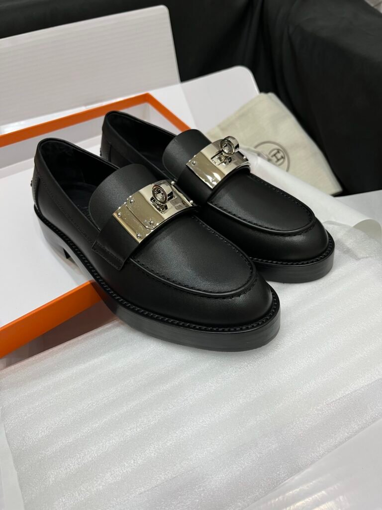 Classic Black Calfskin Leather Loafers with Gold Kelly Buckle